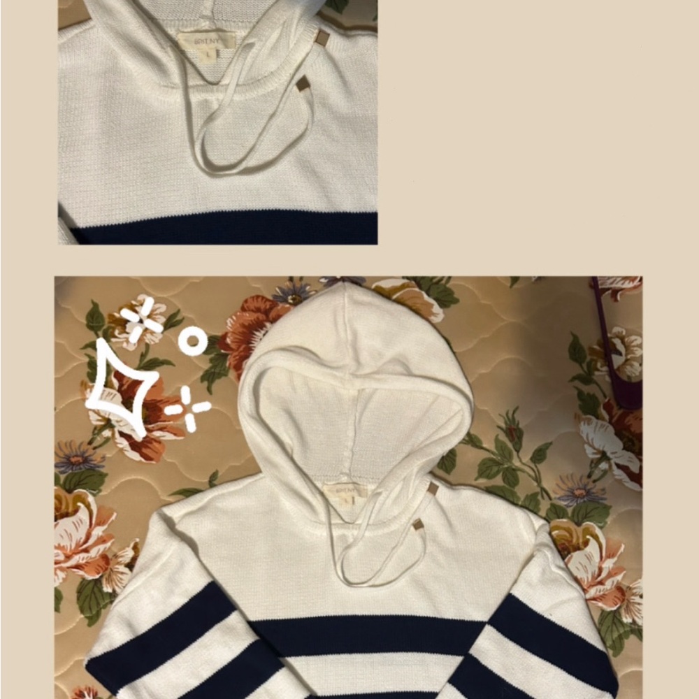 Elegant White and Navy Striped Hoodie Sweater